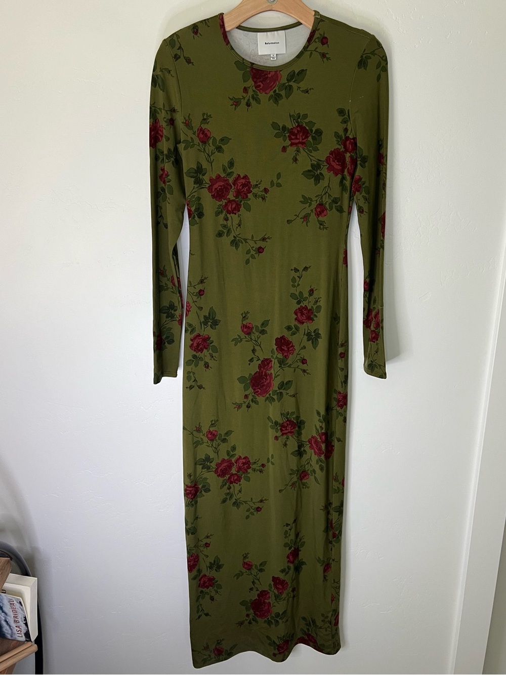 Reformation Tommie Floral Olive Green Long Sleeve Knit Floral Maxi Dress